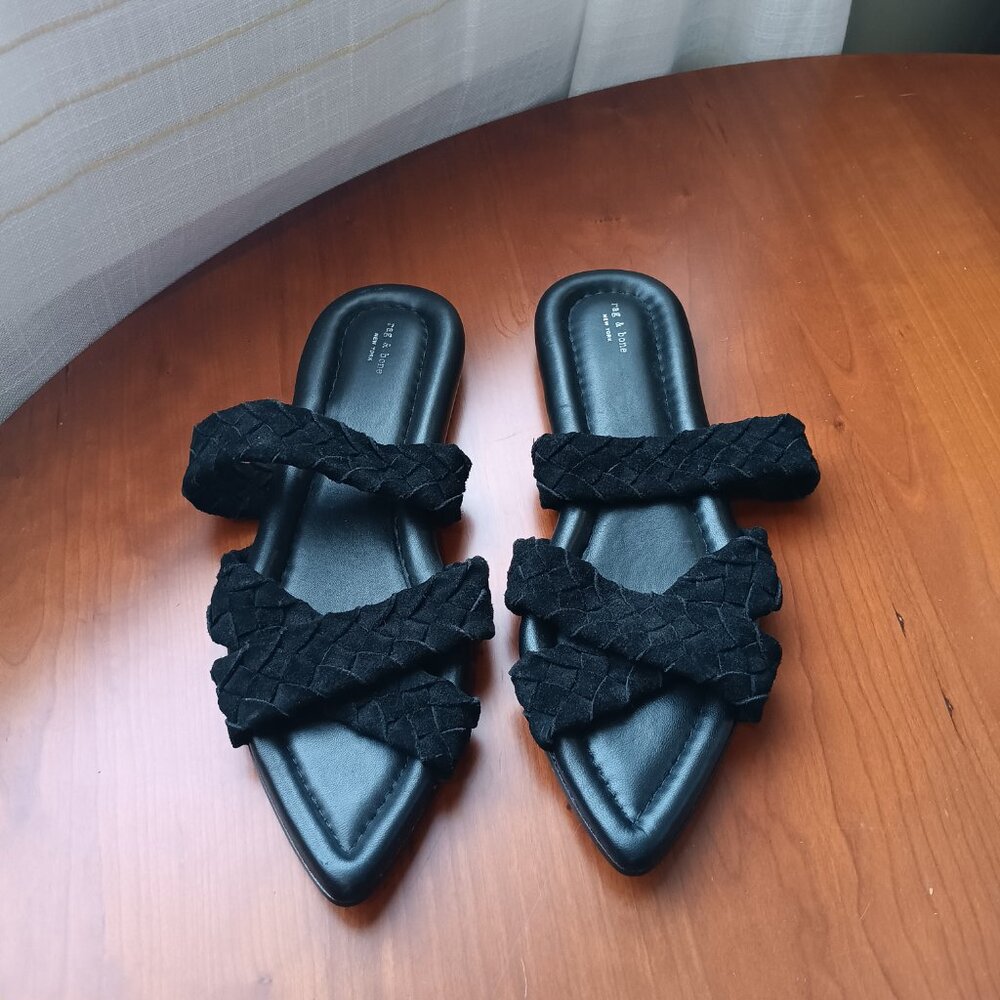 rag & bone Black Braided Strap Pointed Toe Flat Sandals